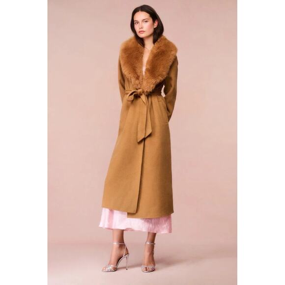 LoveShackFancy Mahika Wool Cashmere Faux Fur Collar Coat Camel - Picture 2 of 11